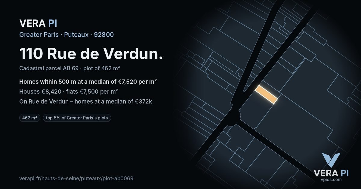 110 Rue de Verdun, Puteaux at night – the plot lit, the parcels around coloured by the prices near them