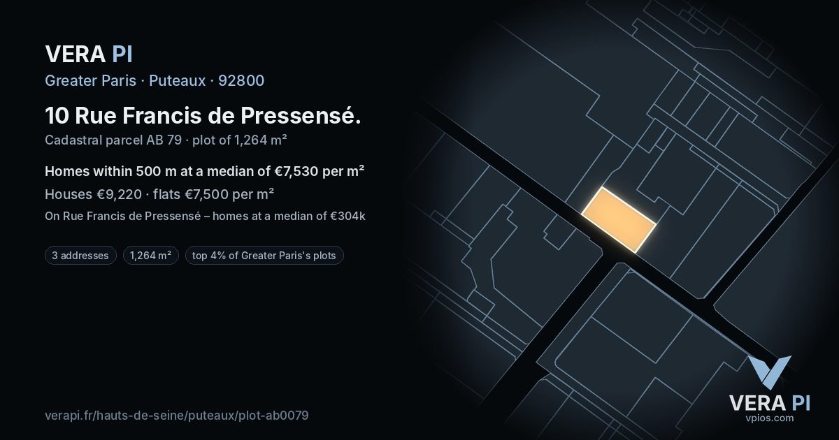 10 Rue Francis de Pressensé, Puteaux at night – the plot lit, the parcels around coloured by the prices near them