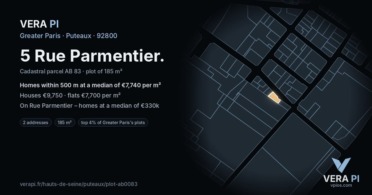 5 Rue Parmentier, Puteaux at night – the plot lit, the parcels around coloured by the prices near them