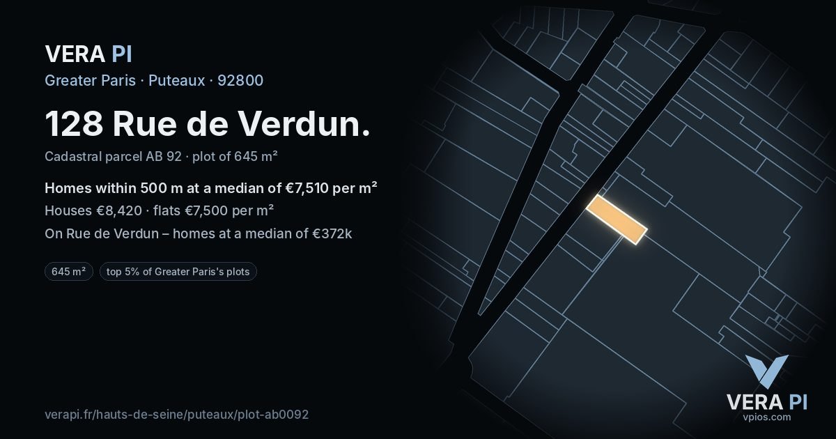 128 Rue de Verdun, Puteaux at night – the plot lit, the parcels around coloured by the prices near them