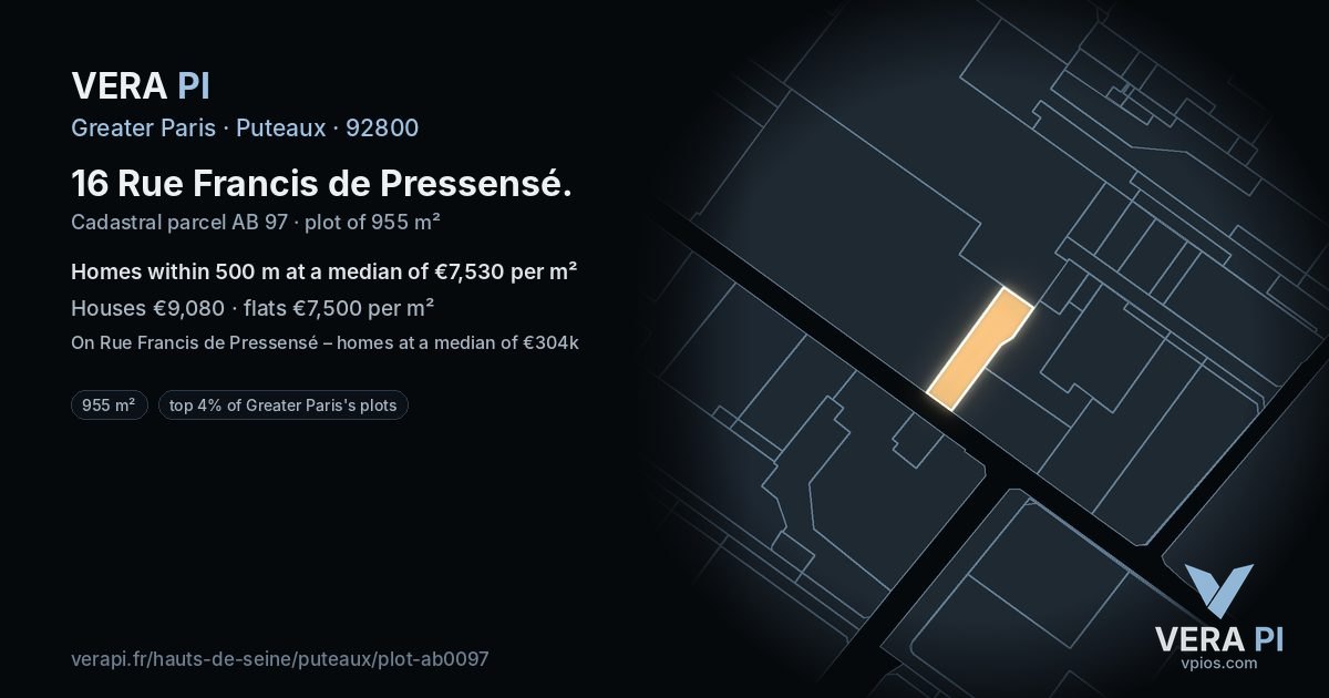 16 Rue Francis de Pressensé, Puteaux at night – the plot lit, the parcels around coloured by the prices near them