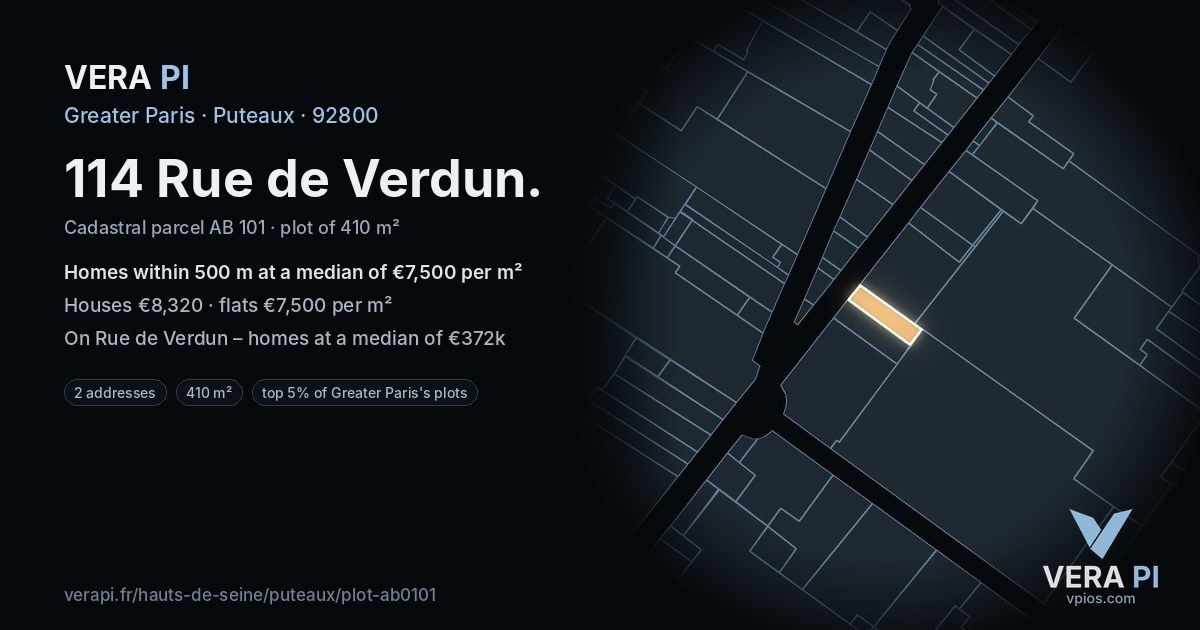 114 Rue de Verdun, Puteaux at night – the plot lit, the parcels around coloured by the prices near them