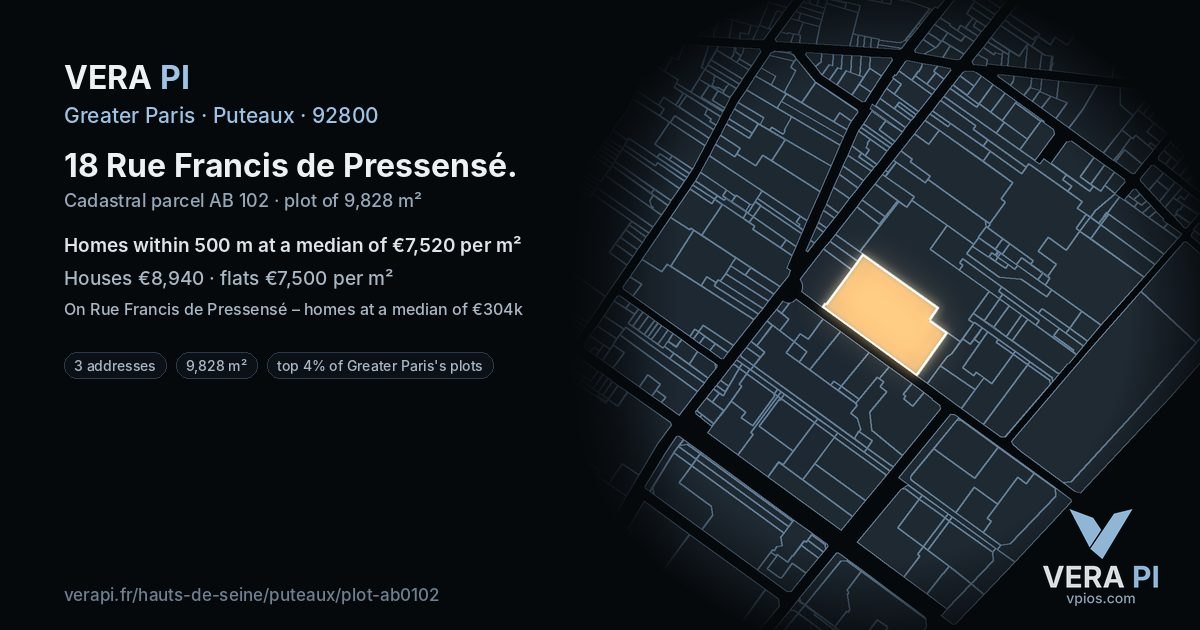 18 Rue Francis de Pressensé, Puteaux at night – the plot lit, the parcels around coloured by the prices near them