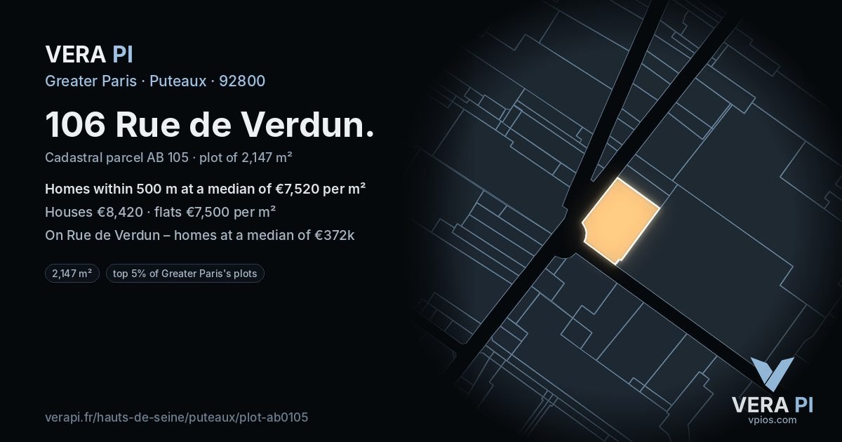106 Rue de Verdun, Puteaux at night – the plot lit, the parcels around coloured by the prices near them