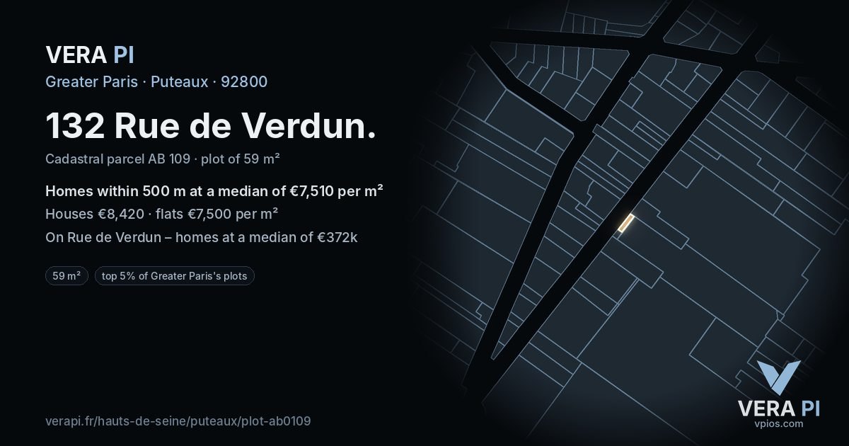 132 Rue de Verdun, Puteaux at night – the plot lit, the parcels around coloured by the prices near them