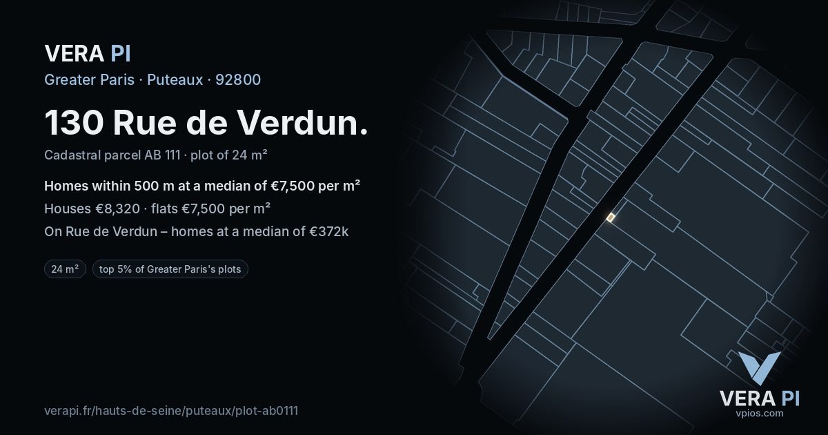 130 Rue de Verdun, Puteaux at night – the plot lit, the parcels around coloured by the prices near them
