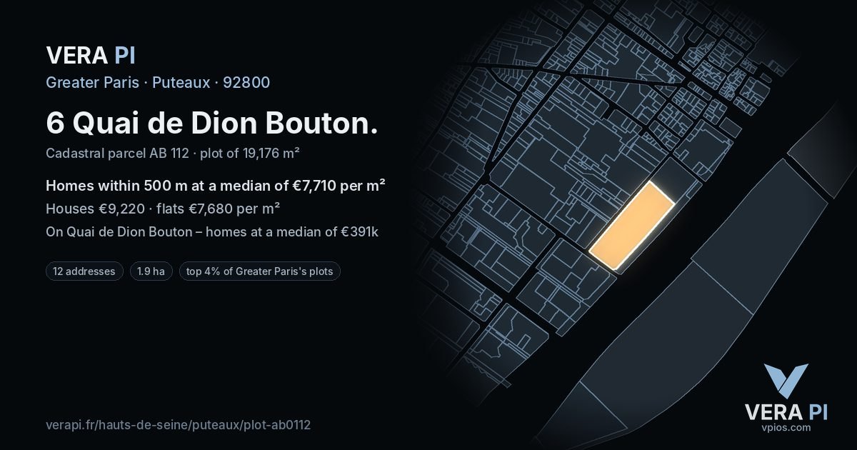 6 Quai de Dion Bouton, Puteaux at night – the plot lit, the parcels around coloured by the prices near them