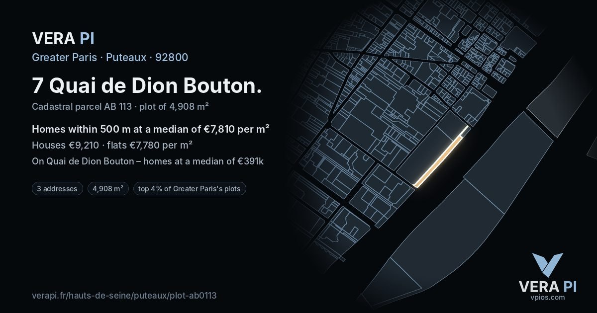 7 Quai de Dion Bouton, Puteaux at night – the plot lit, the parcels around coloured by the prices near them