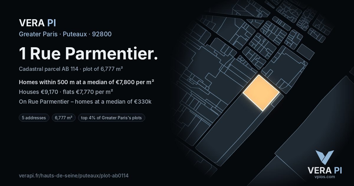 1 Rue Parmentier, Puteaux at night – the plot lit, the parcels around coloured by the prices near them