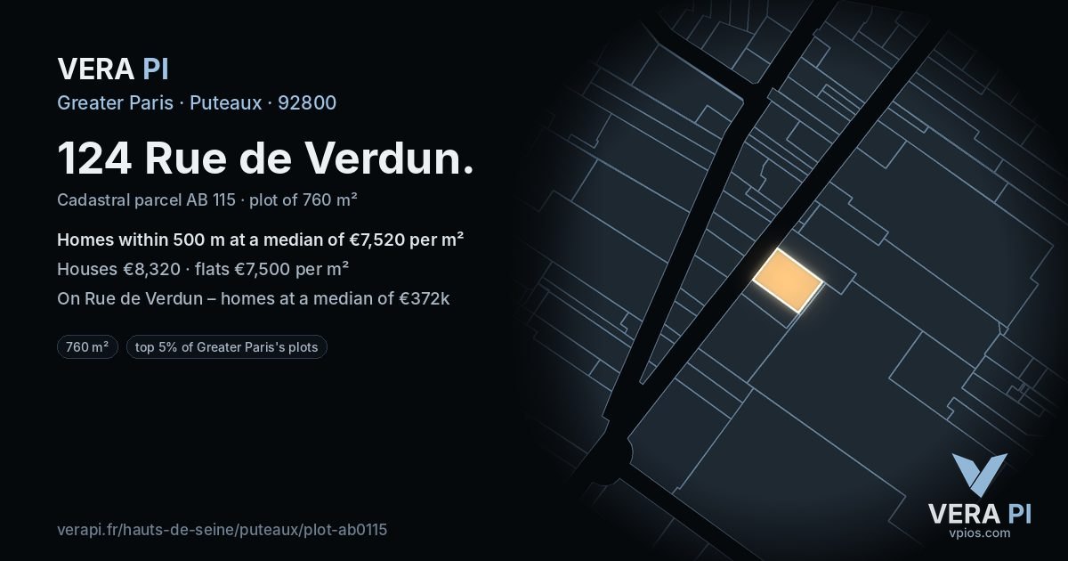 124 Rue de Verdun, Puteaux at night – the plot lit, the parcels around coloured by the prices near them