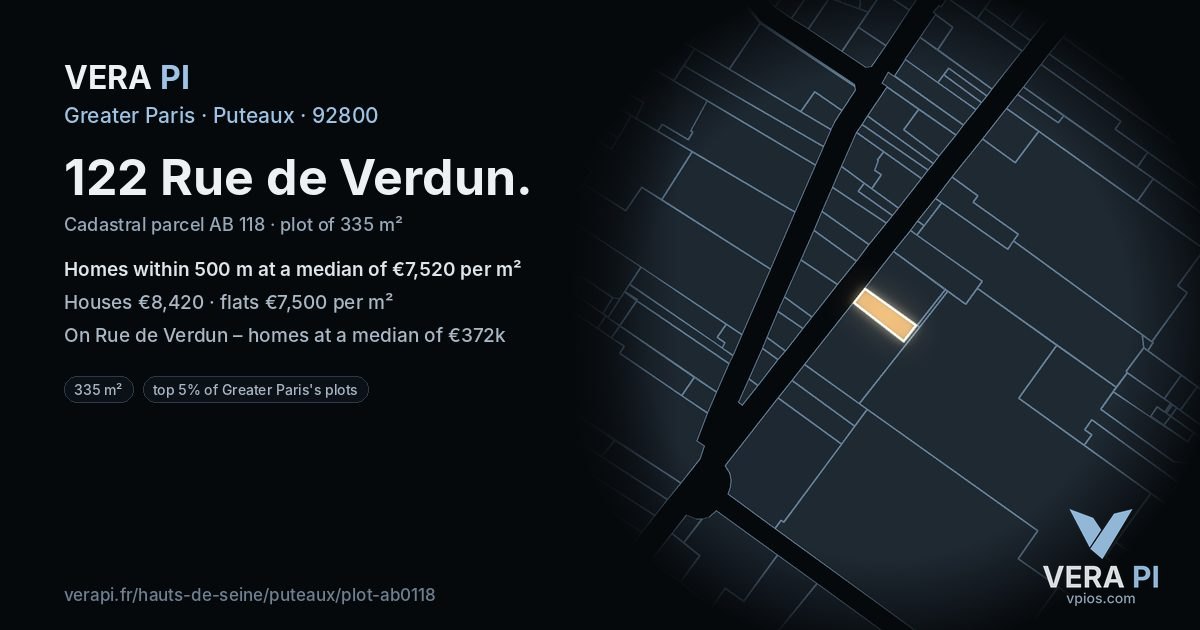 122 Rue de Verdun, Puteaux at night – the plot lit, the parcels around coloured by the prices near them