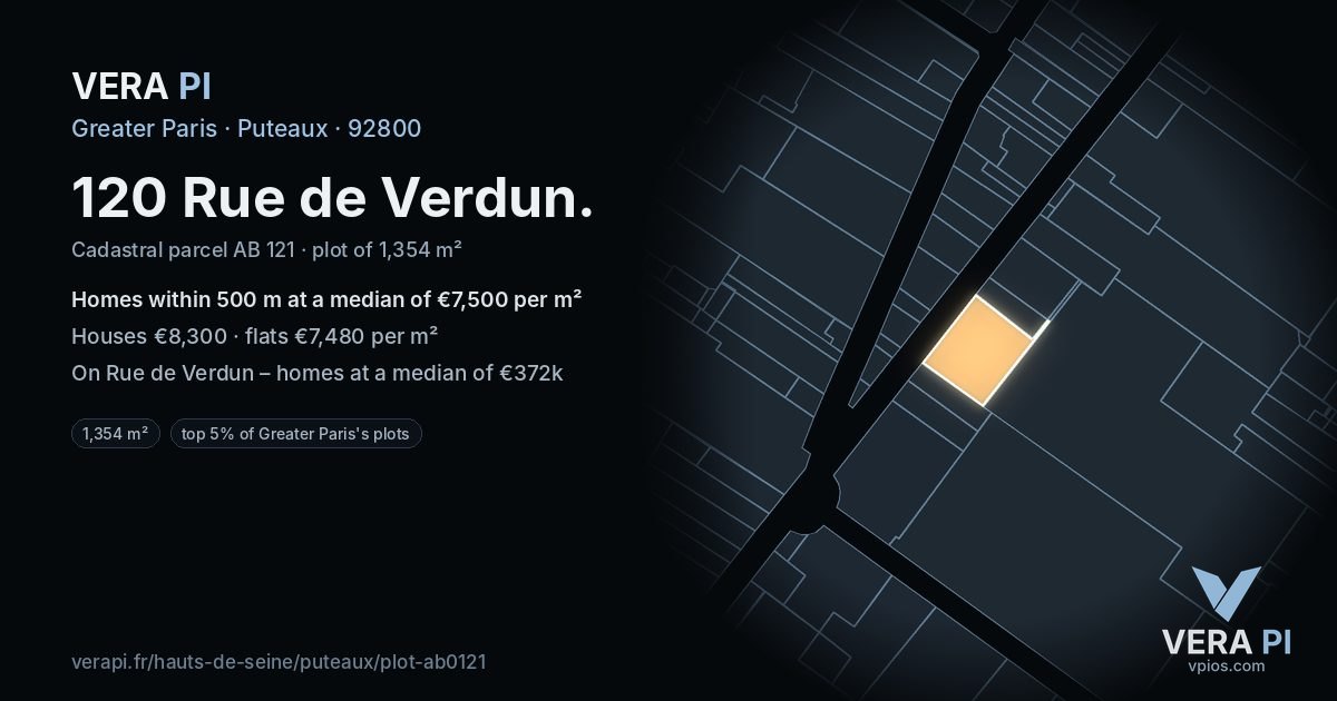 120 Rue de Verdun, Puteaux at night – the plot lit, the parcels around coloured by the prices near them