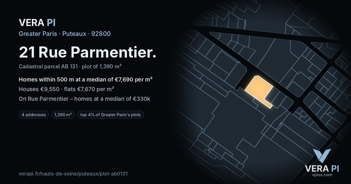 21 Rue Parmentier, Puteaux at night – the plot lit, the parcels around coloured by the prices near them