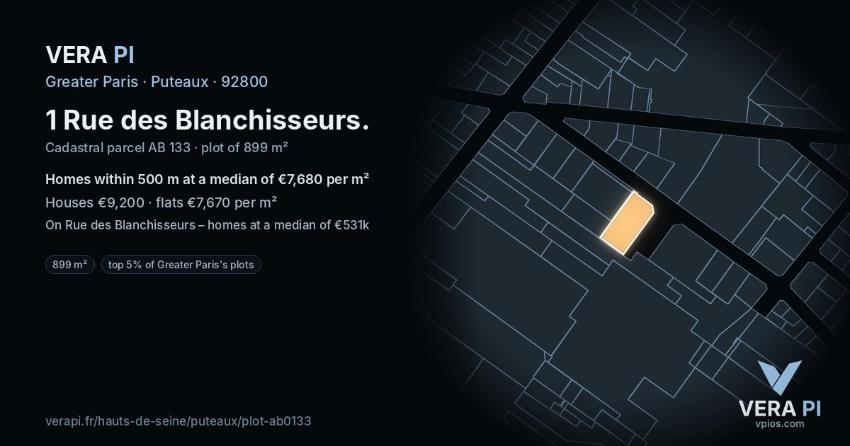1 Rue des Blanchisseurs, Puteaux at night – the plot lit, the parcels around coloured by the prices near them