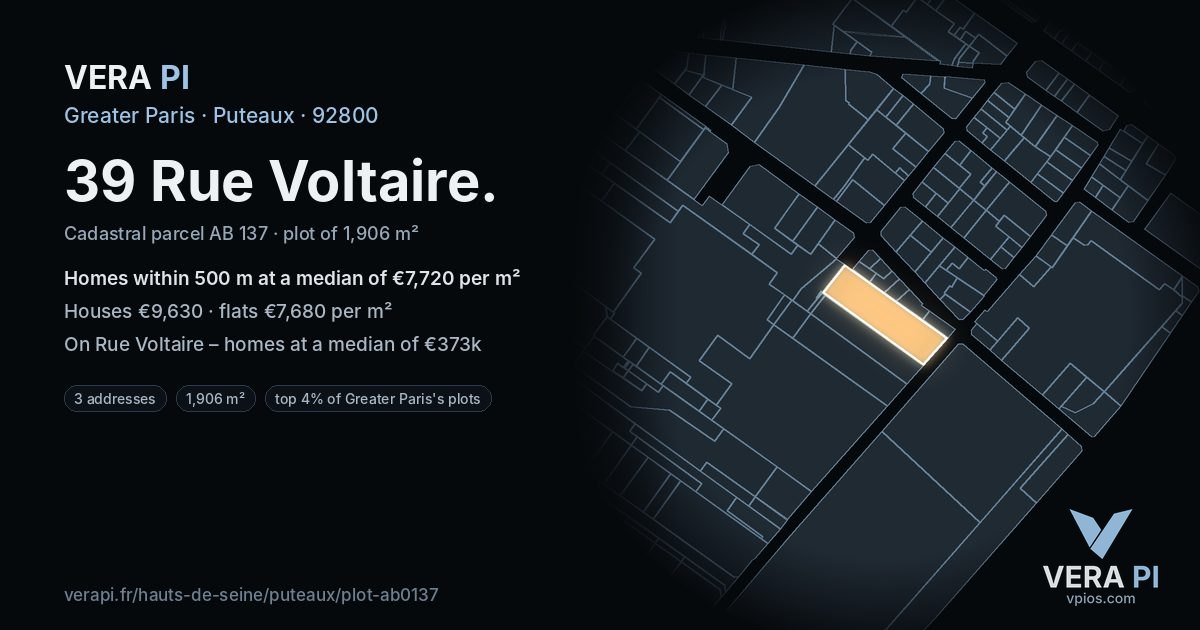 39 Rue Voltaire, Puteaux at night – the plot lit, the parcels around coloured by the prices near them