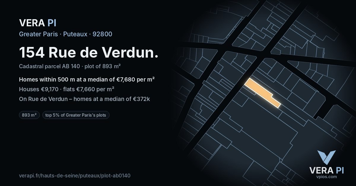 154 Rue de Verdun, Puteaux at night – the plot lit, the parcels around coloured by the prices near them