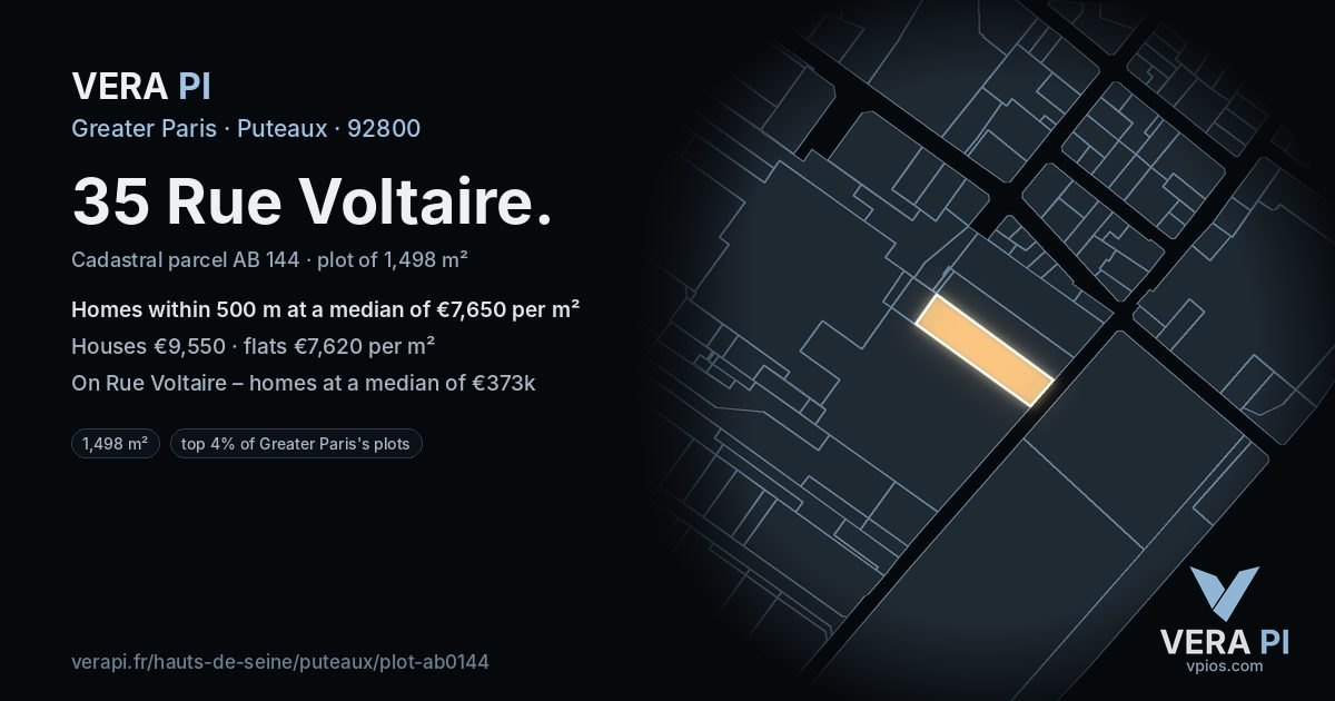 35 Rue Voltaire, Puteaux at night – the plot lit, the parcels around coloured by the prices near them