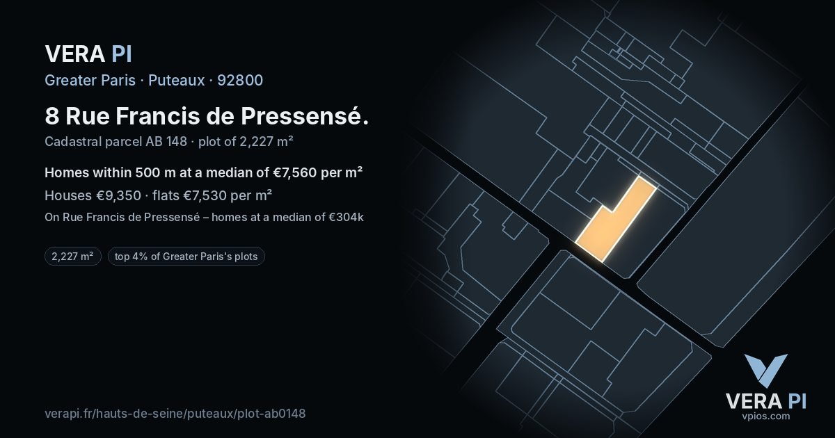8 Rue Francis de Pressensé, Puteaux at night – the plot lit, the parcels around coloured by the prices near them