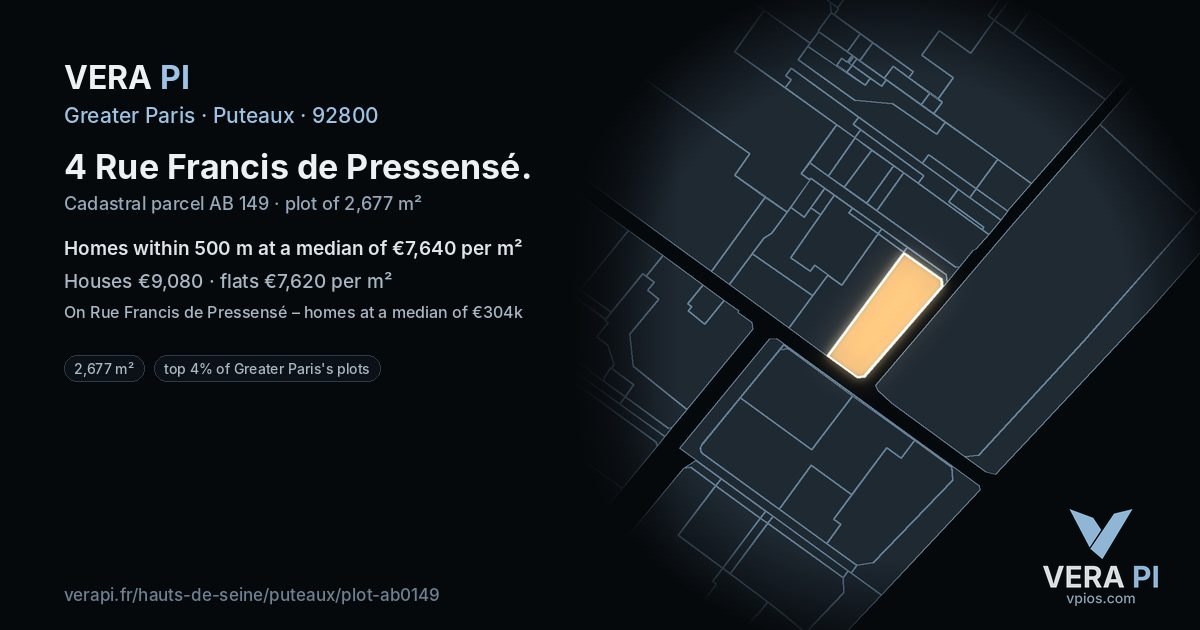 4 Rue Francis de Pressensé, Puteaux at night – the plot lit, the parcels around coloured by the prices near them
