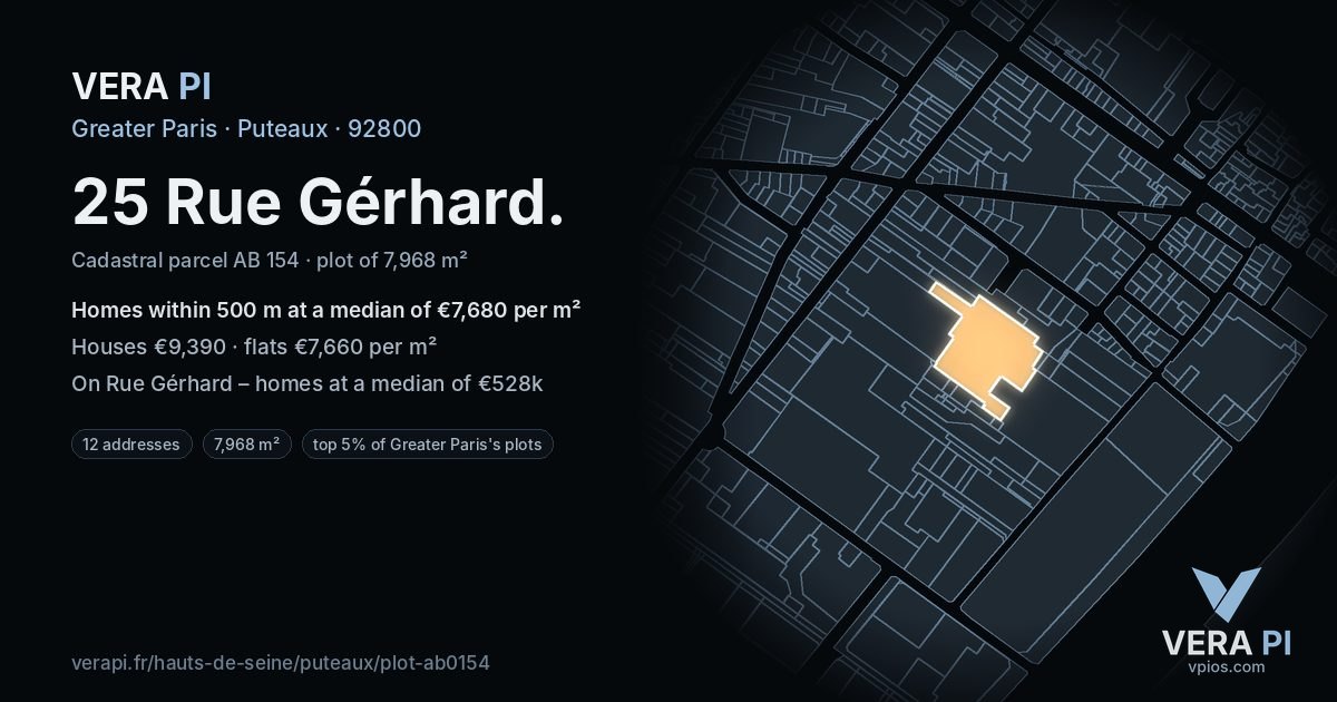 25 Rue Gérhard, Puteaux at night – the plot lit, the parcels around coloured by the prices near them