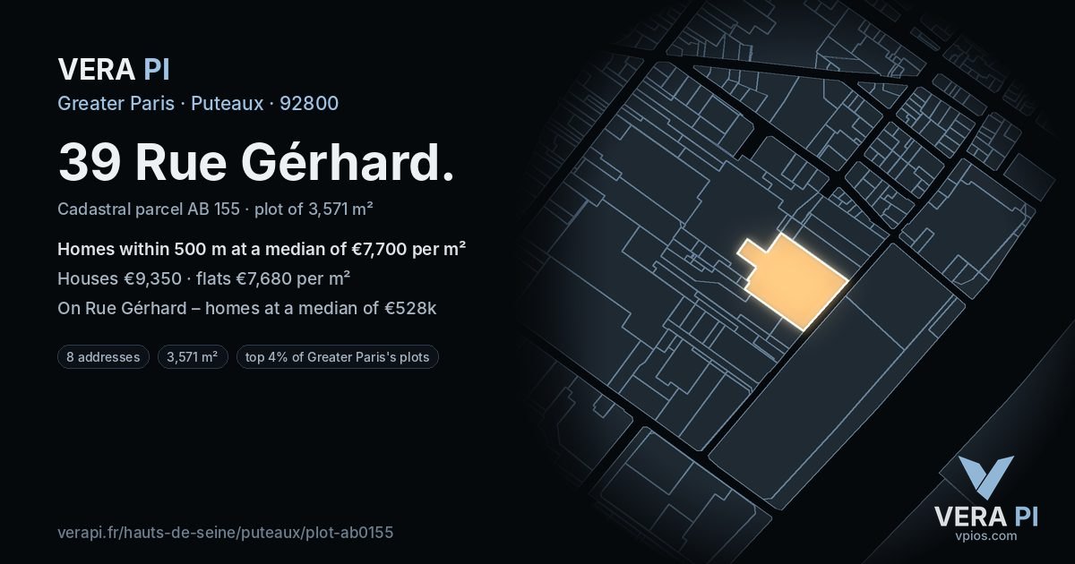 39 Rue Gérhard, Puteaux at night – the plot lit, the parcels around coloured by the prices near them