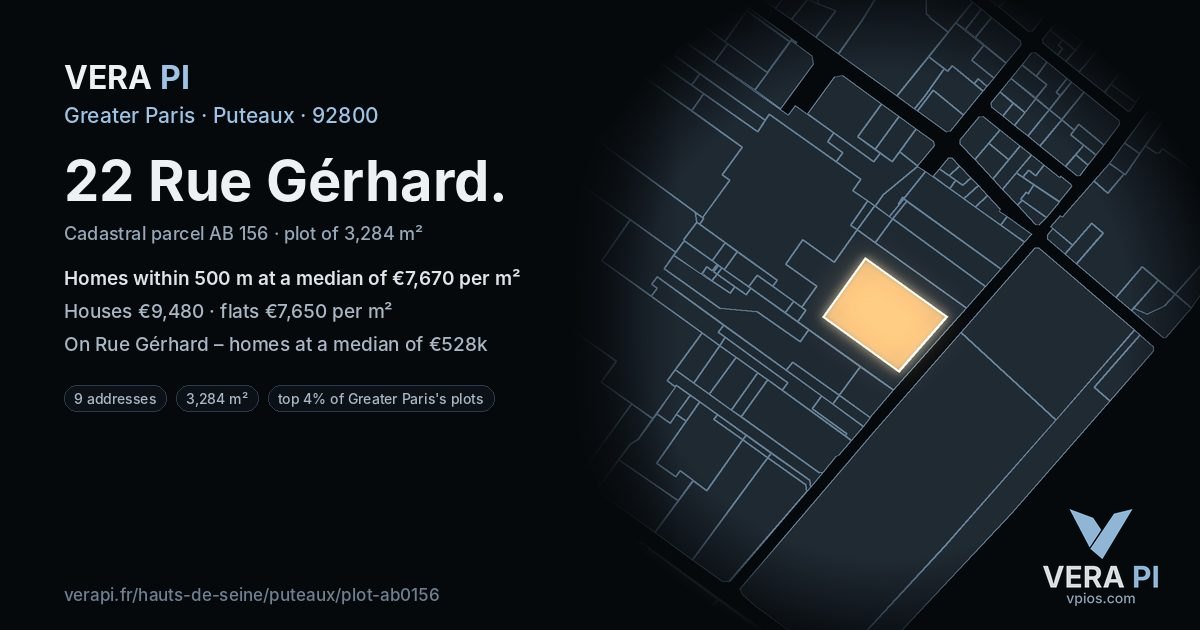 22 Rue Gérhard, Puteaux at night – the plot lit, the parcels around coloured by the prices near them