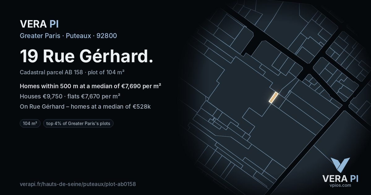 19 Rue Gérhard, Puteaux at night – the plot lit, the parcels around coloured by the prices near them