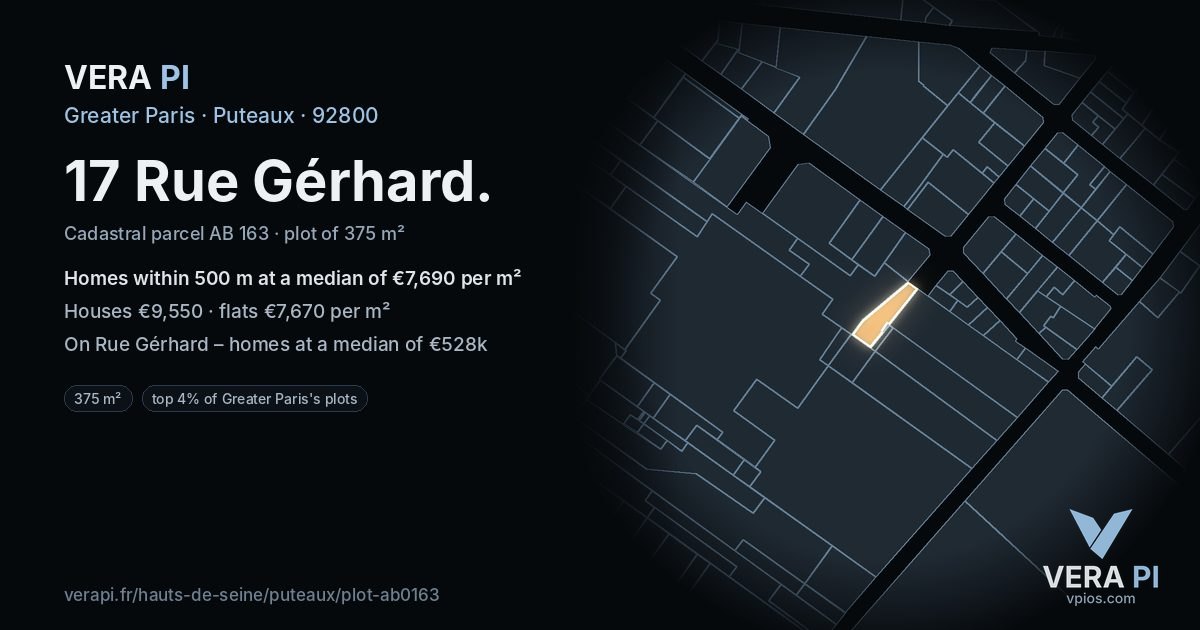 17 Rue Gérhard, Puteaux at night – the plot lit, the parcels around coloured by the prices near them