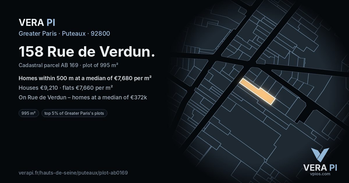 158 Rue de Verdun, Puteaux at night – the plot lit, the parcels around coloured by the prices near them
