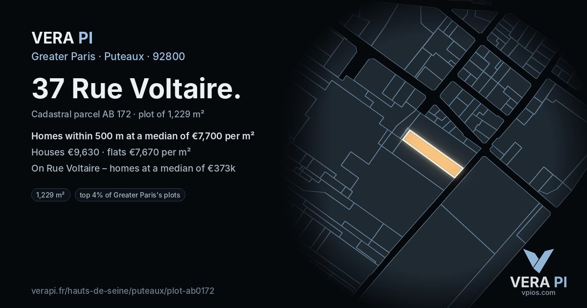 37 Rue Voltaire, Puteaux at night – the plot lit, the parcels around coloured by the prices near them