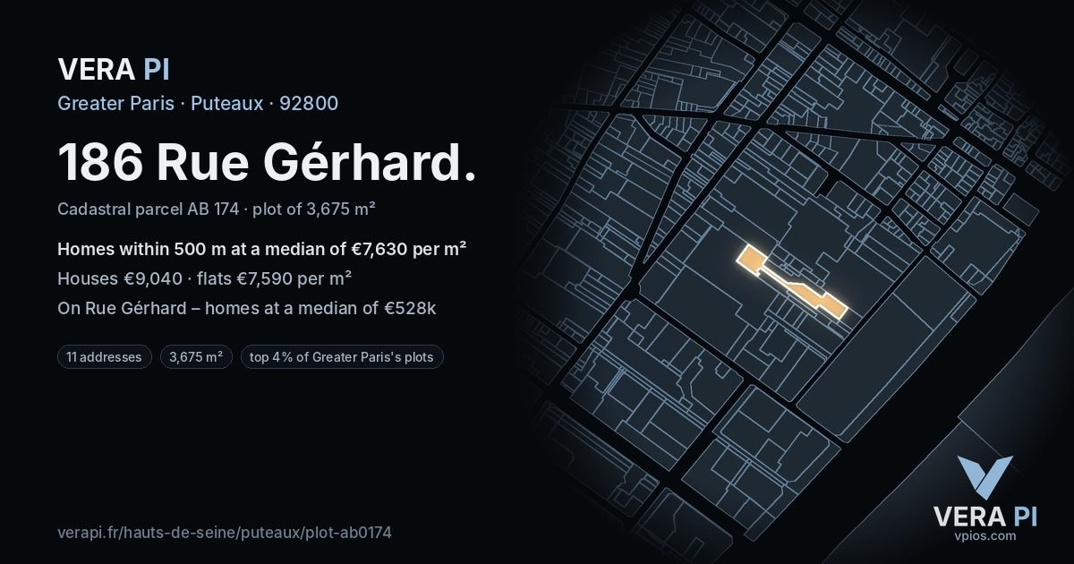 186 Rue Gérhard, Puteaux at night – the plot lit, the parcels around coloured by the prices near them