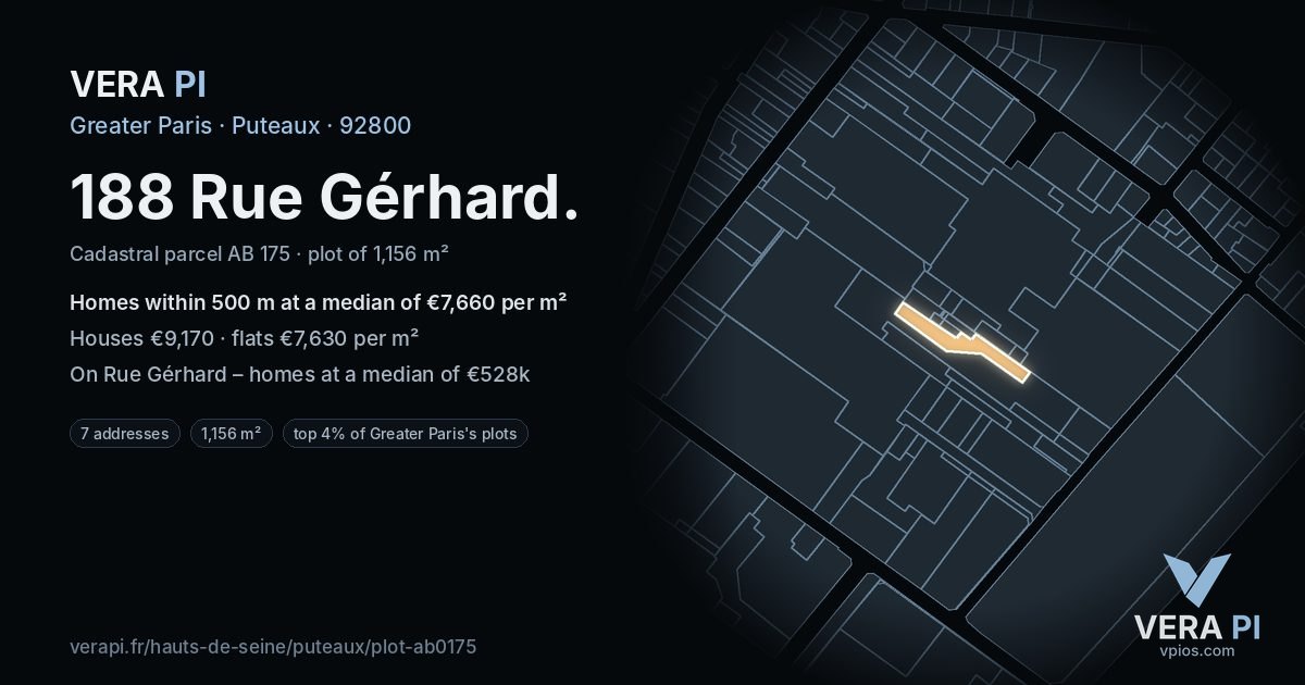 188 Rue Gérhard, Puteaux at night – the plot lit, the parcels around coloured by the prices near them