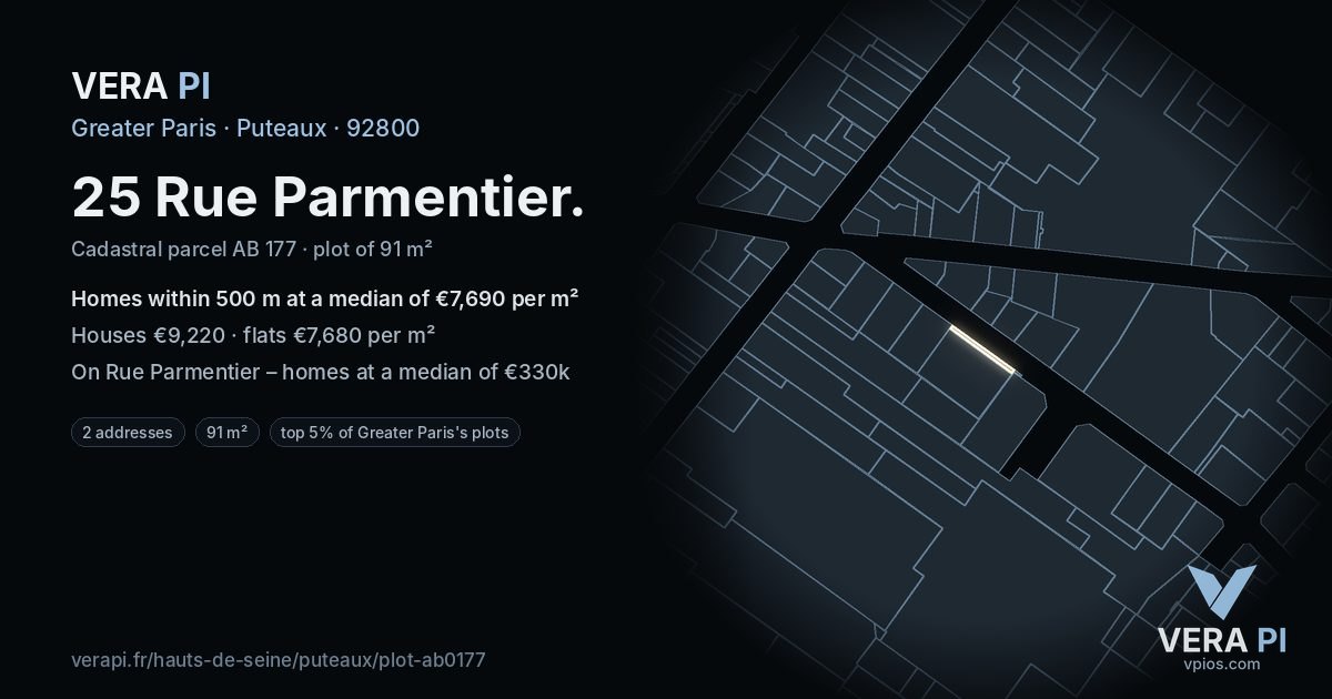 25 Rue Parmentier, Puteaux at night – the plot lit, the parcels around coloured by the prices near them