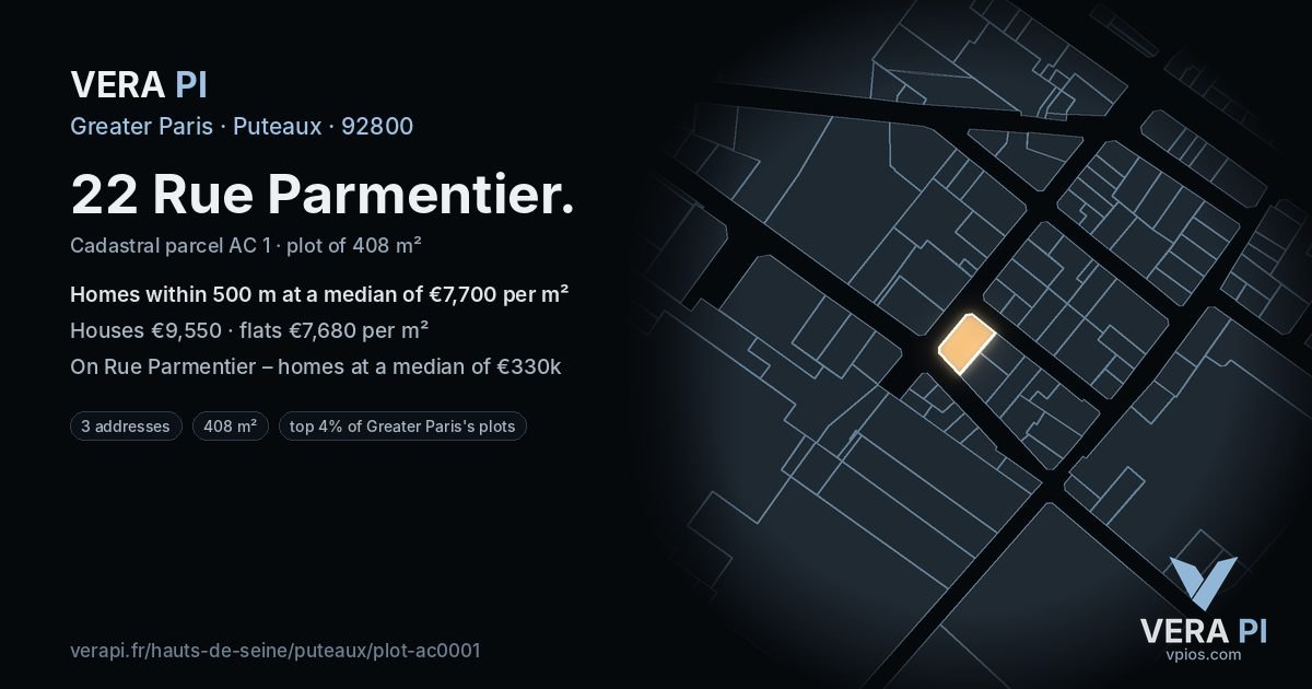 22 Rue Parmentier, Puteaux at night – the plot lit, the parcels around coloured by the prices near them