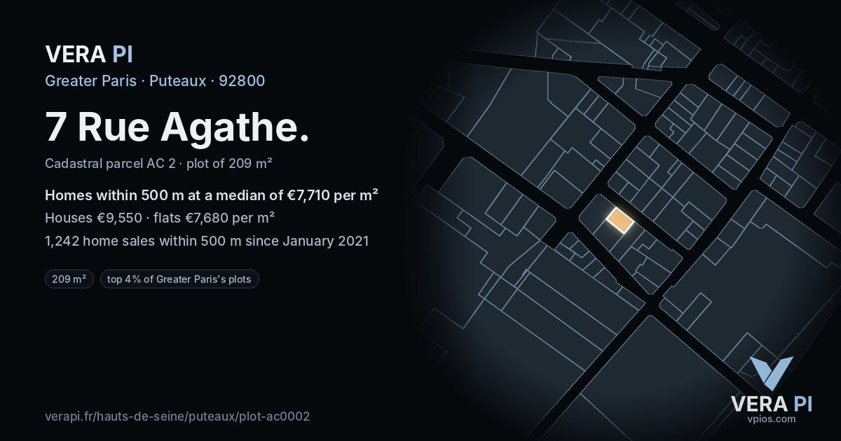 7 Rue Agathe, Puteaux at night – the plot lit, the parcels around coloured by the prices near them