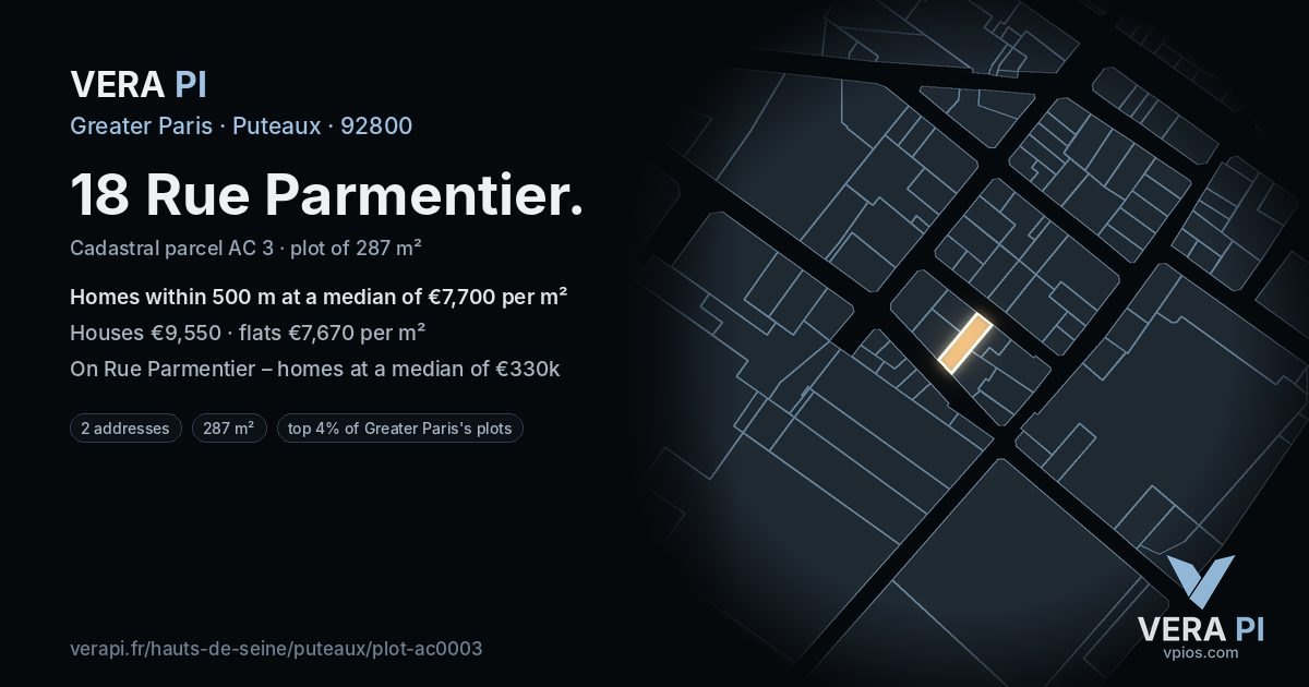 18 Rue Parmentier, Puteaux at night – the plot lit, the parcels around coloured by the prices near them