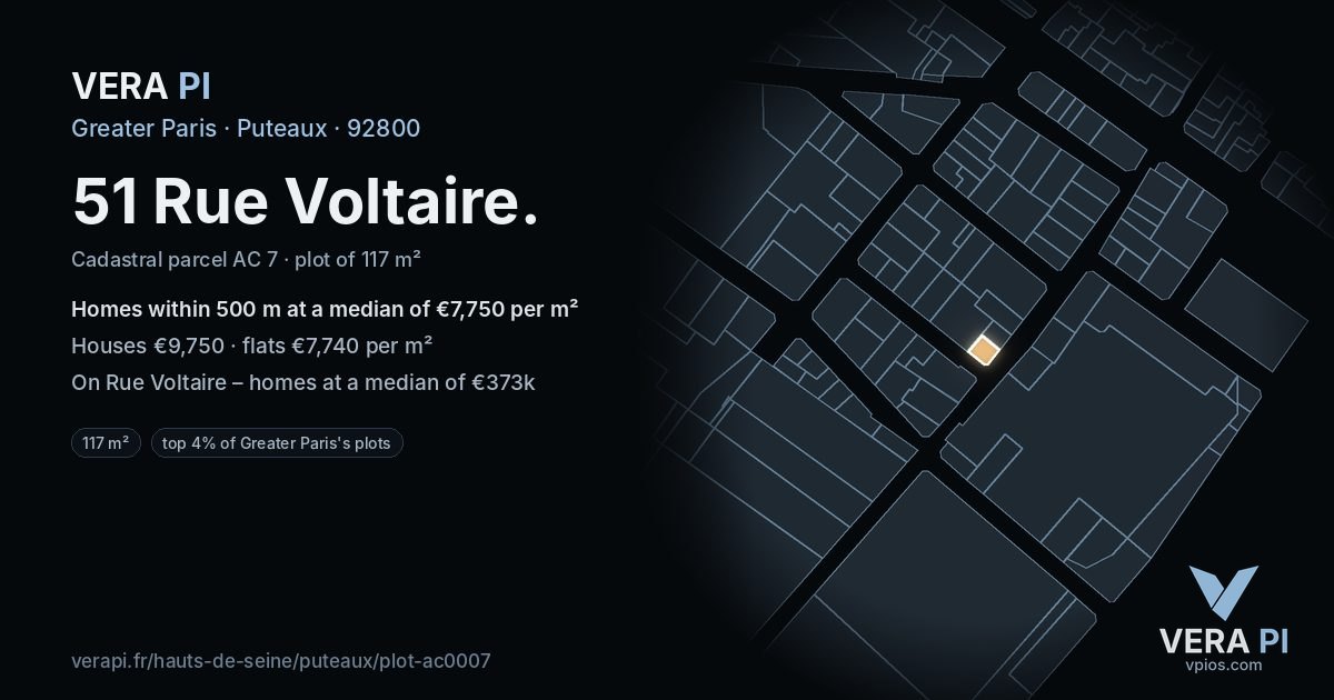 51 Rue Voltaire, Puteaux at night – the plot lit, the parcels around coloured by the prices near them