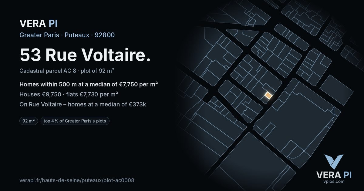 53 Rue Voltaire, Puteaux at night – the plot lit, the parcels around coloured by the prices near them