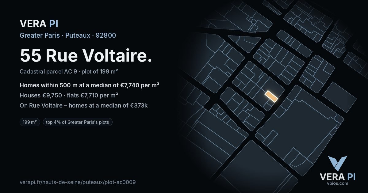 55 Rue Voltaire, Puteaux at night – the plot lit, the parcels around coloured by the prices near them