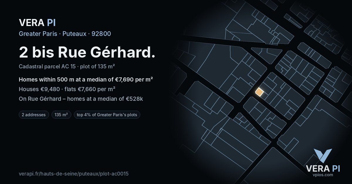 2 bis Rue Gérhard, Puteaux at night – the plot lit, the parcels around coloured by the prices near them