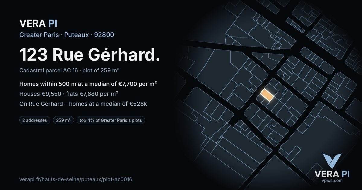 123 Rue Gérhard, Puteaux at night – the plot lit, the parcels around coloured by the prices near them