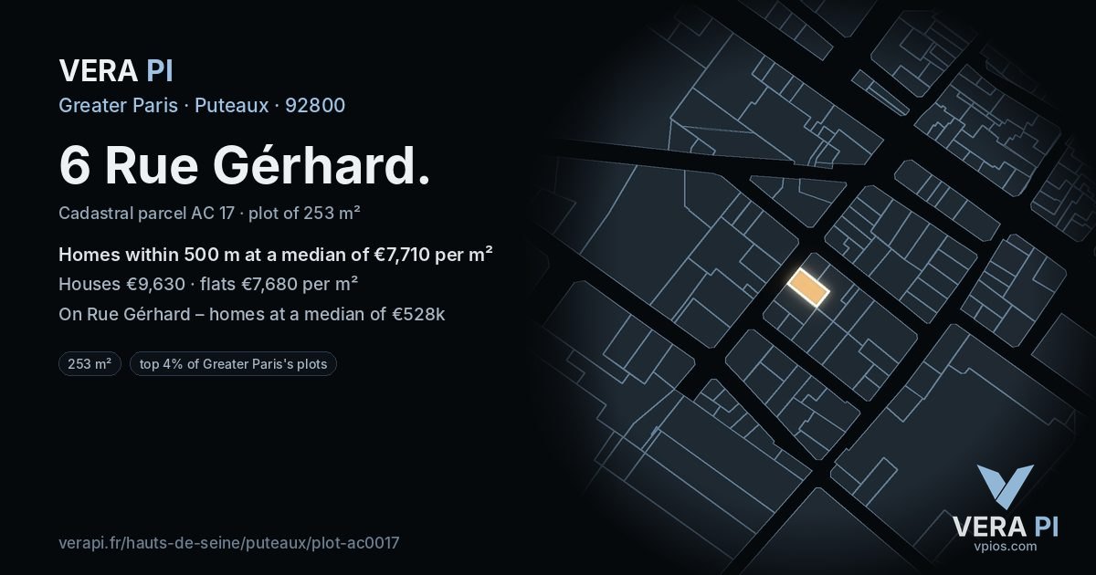 6 Rue Gérhard, Puteaux at night – the plot lit, the parcels around coloured by the prices near them