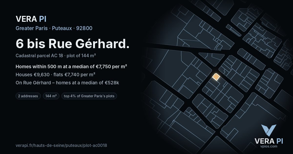 6 bis Rue Gérhard, Puteaux at night – the plot lit, the parcels around coloured by the prices near them