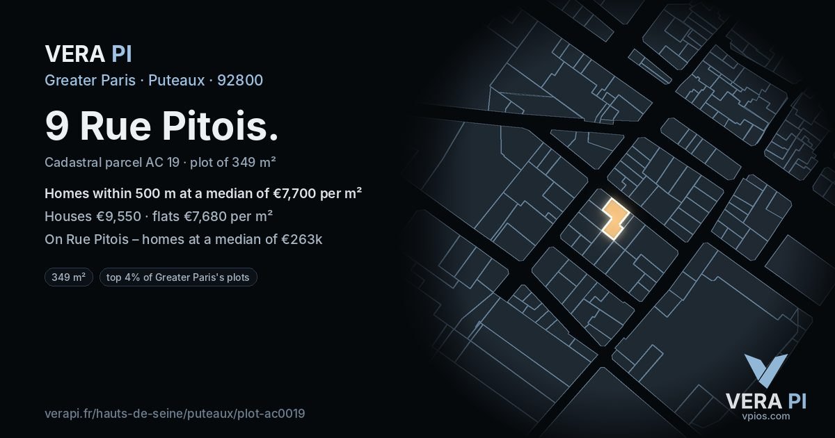 9 Rue Pitois, Puteaux at night – the plot lit, the parcels around coloured by the prices near them