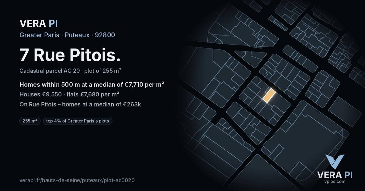 7 Rue Pitois, Puteaux at night – the plot lit, the parcels around coloured by the prices near them
