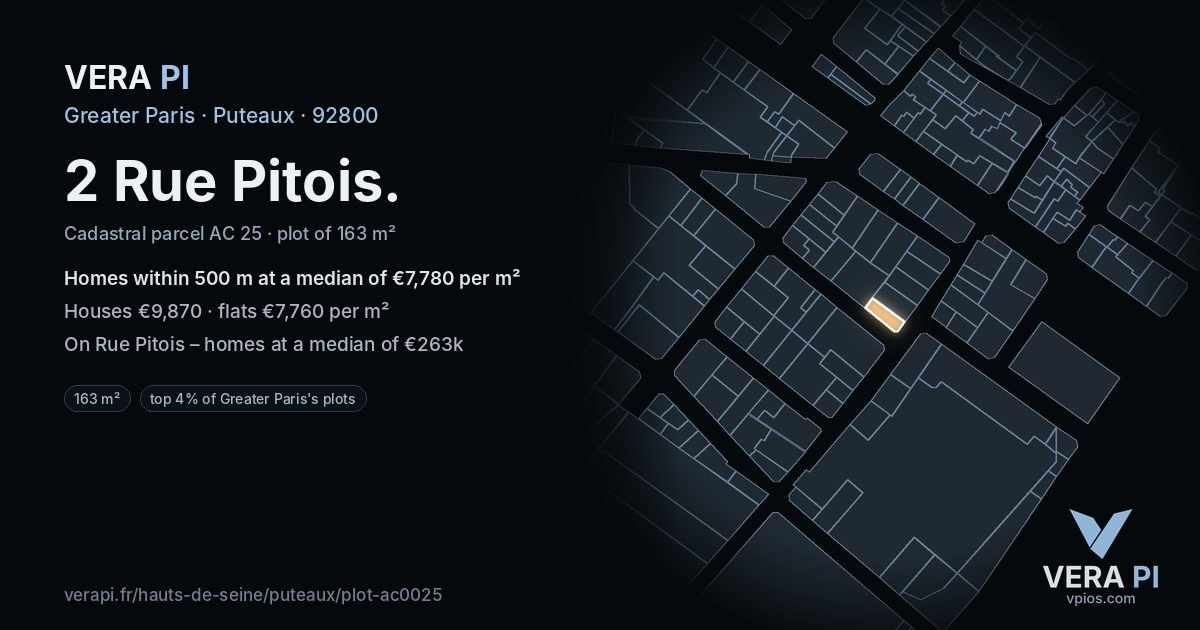 2 Rue Pitois, Puteaux at night – the plot lit, the parcels around coloured by the prices near them