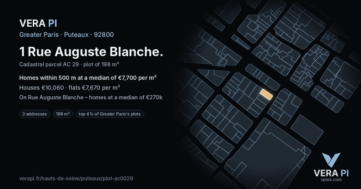1 Rue Auguste Blanche, Puteaux at night – the plot lit, the parcels around coloured by the prices near them