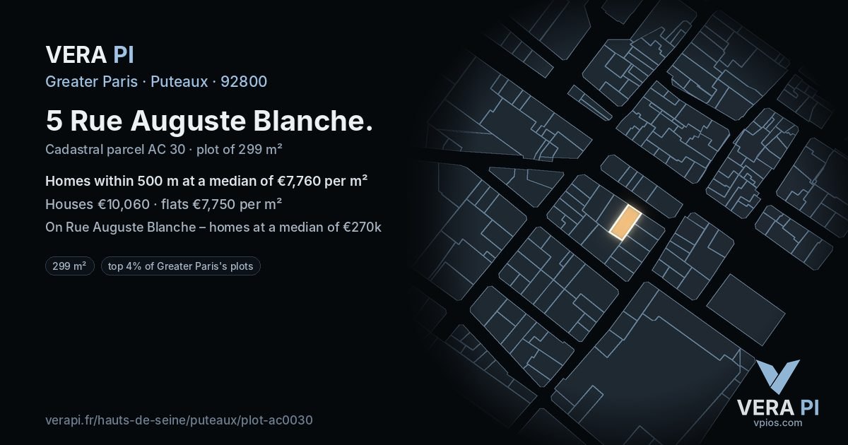 5 Rue Auguste Blanche, Puteaux at night – the plot lit, the parcels around coloured by the prices near them