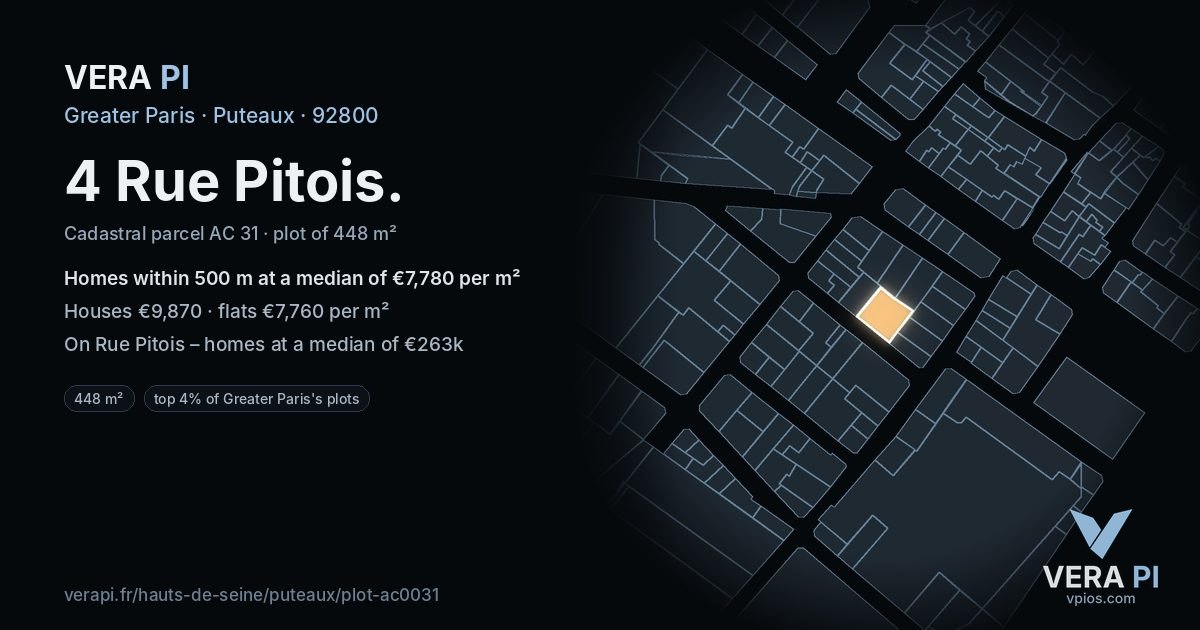 4 Rue Pitois, Puteaux at night – the plot lit, the parcels around coloured by the prices near them