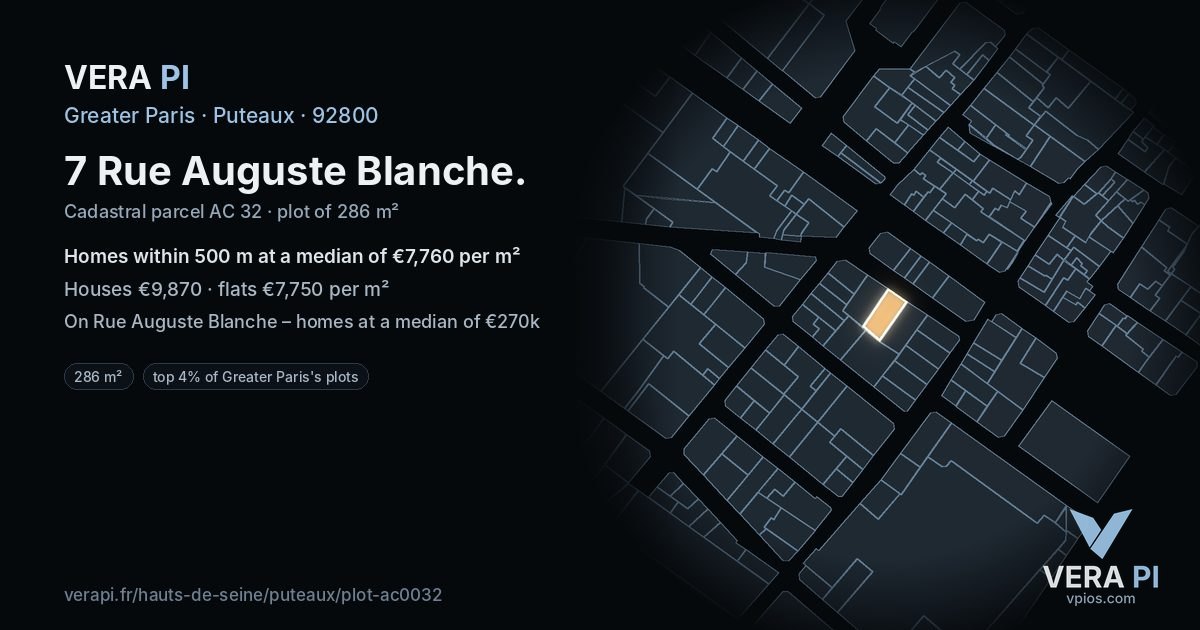 7 Rue Auguste Blanche, Puteaux at night – the plot lit, the parcels around coloured by the prices near them